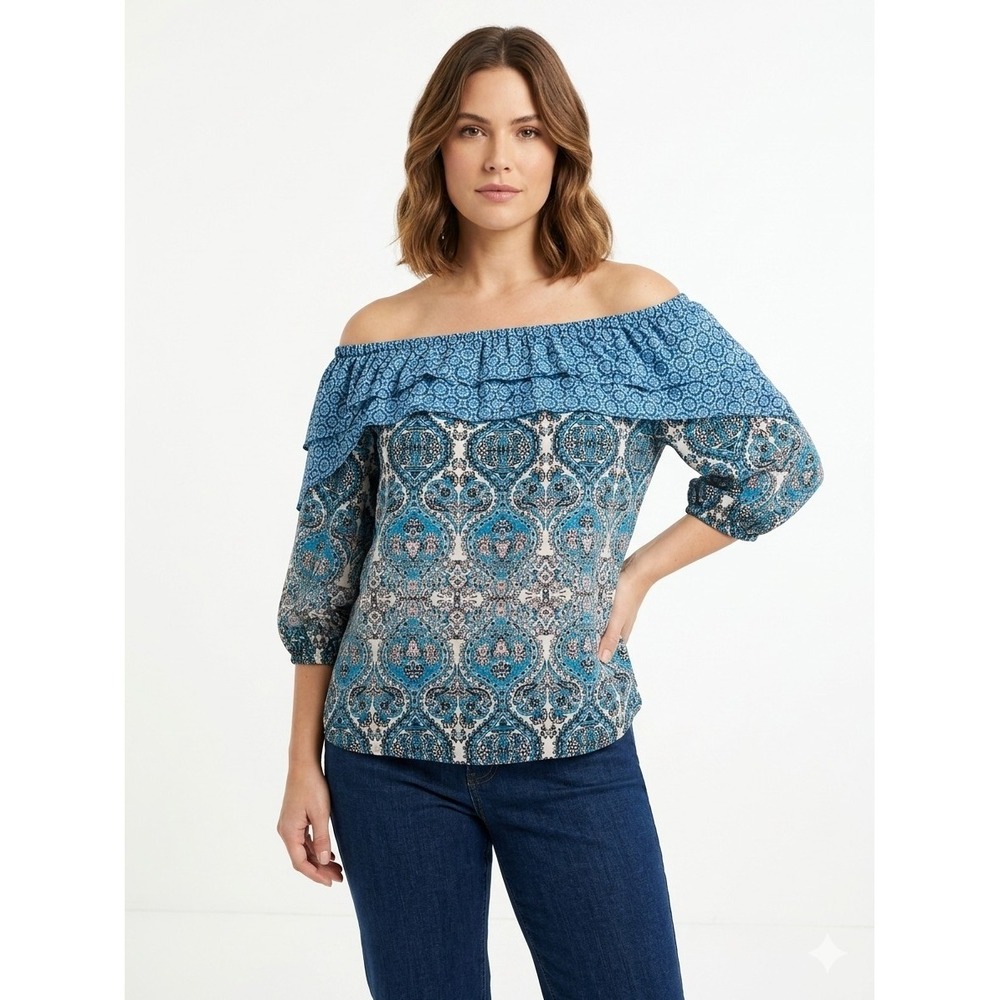 NY Collection Top Womens Size L Blue Floral Print‎ Off Shoulder 3/4 Sleeve